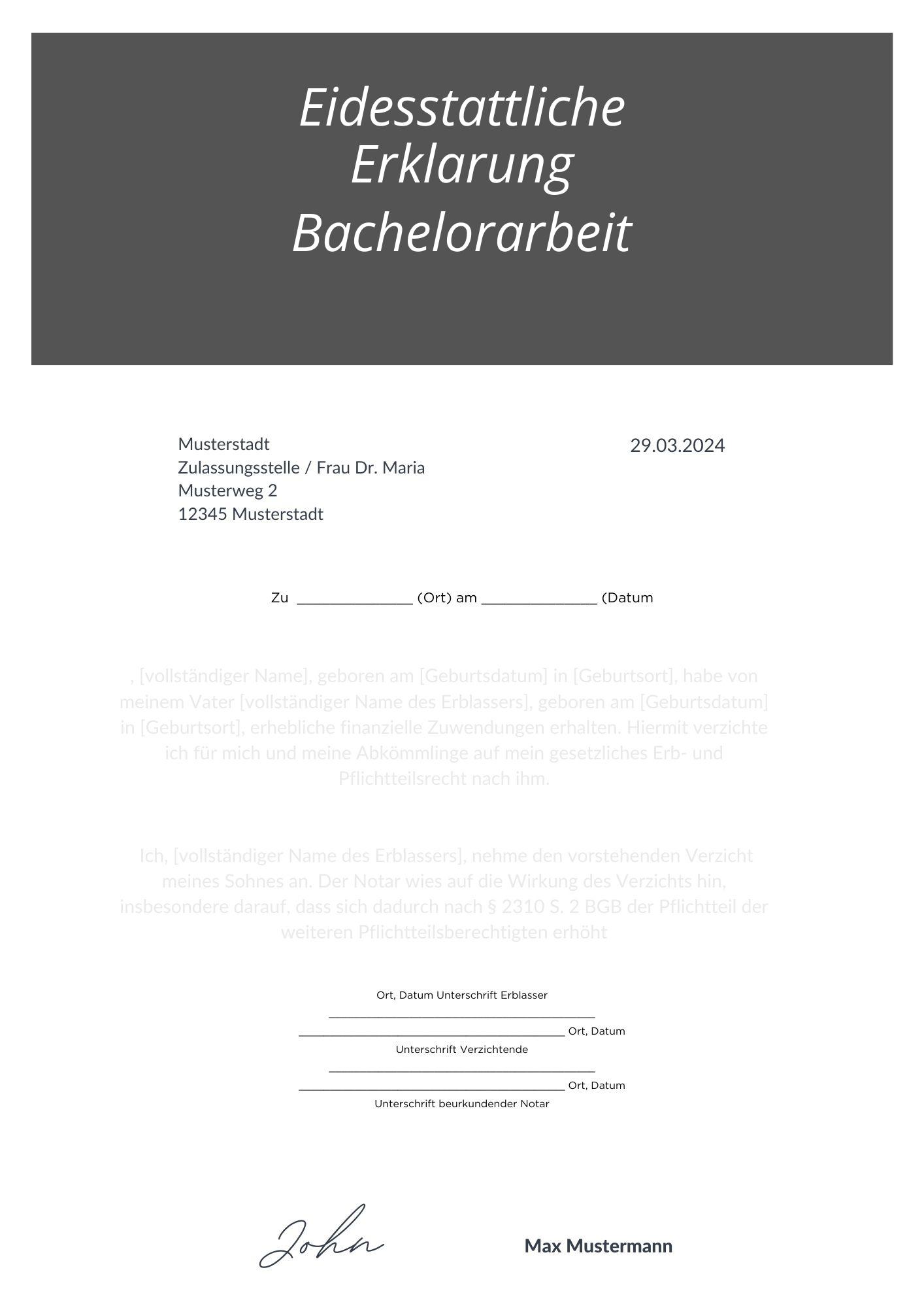 Eidesstattliche Erklärung Bachelorarbeit