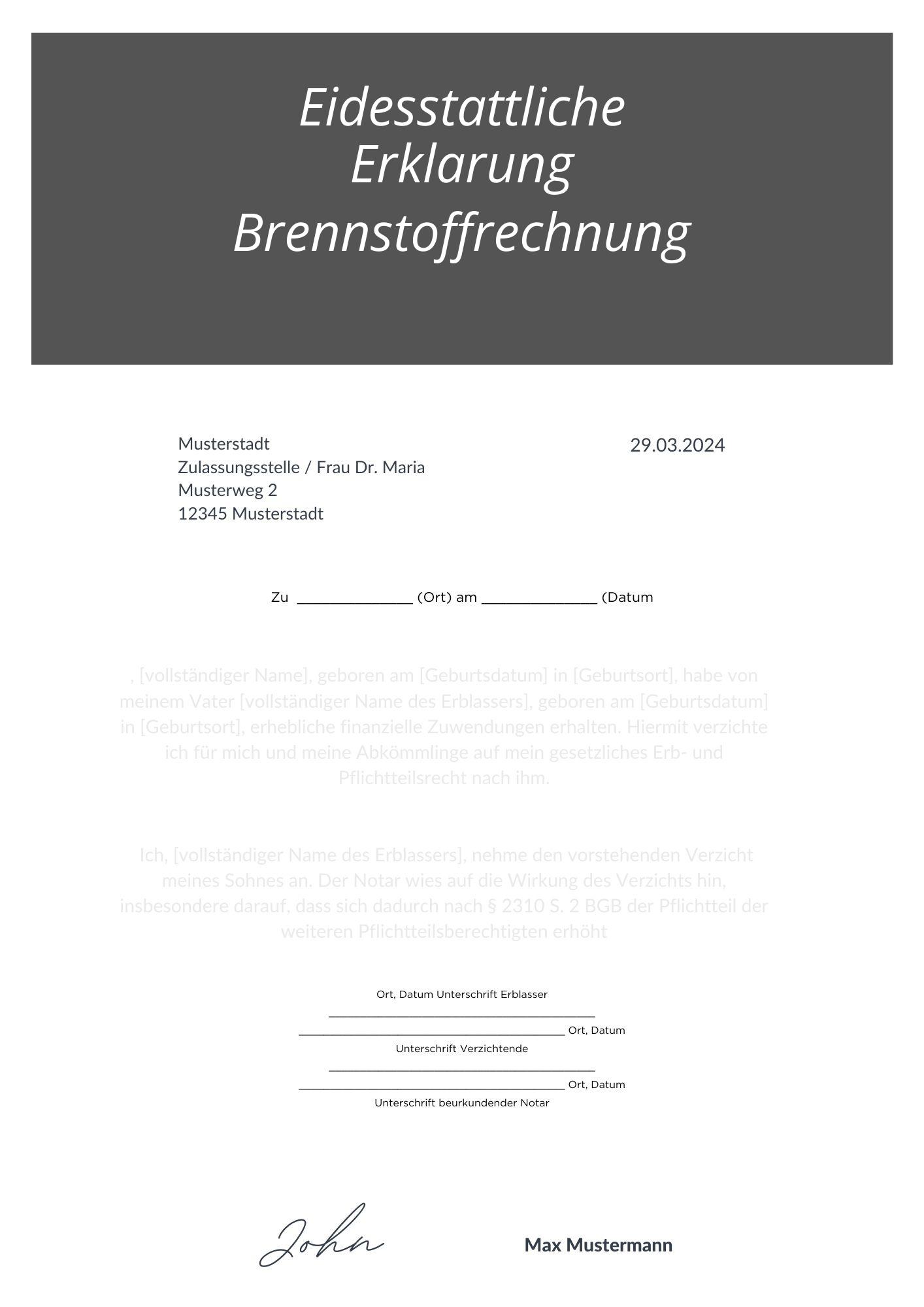 Eidesstattliche Erklärung Brennstoffrechnung