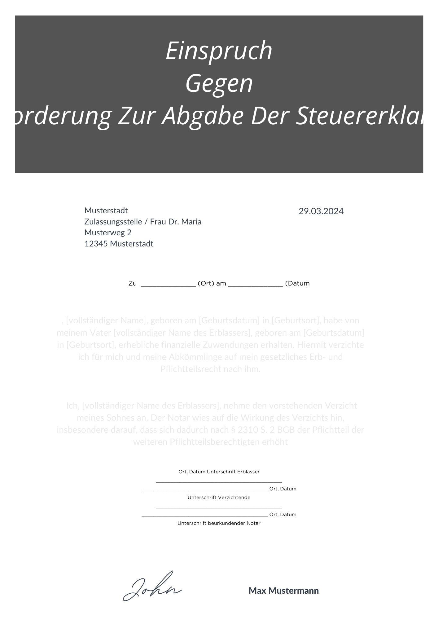 Einspruch Gegen Aufforderung Zur Abgabe Der Steuererklärung