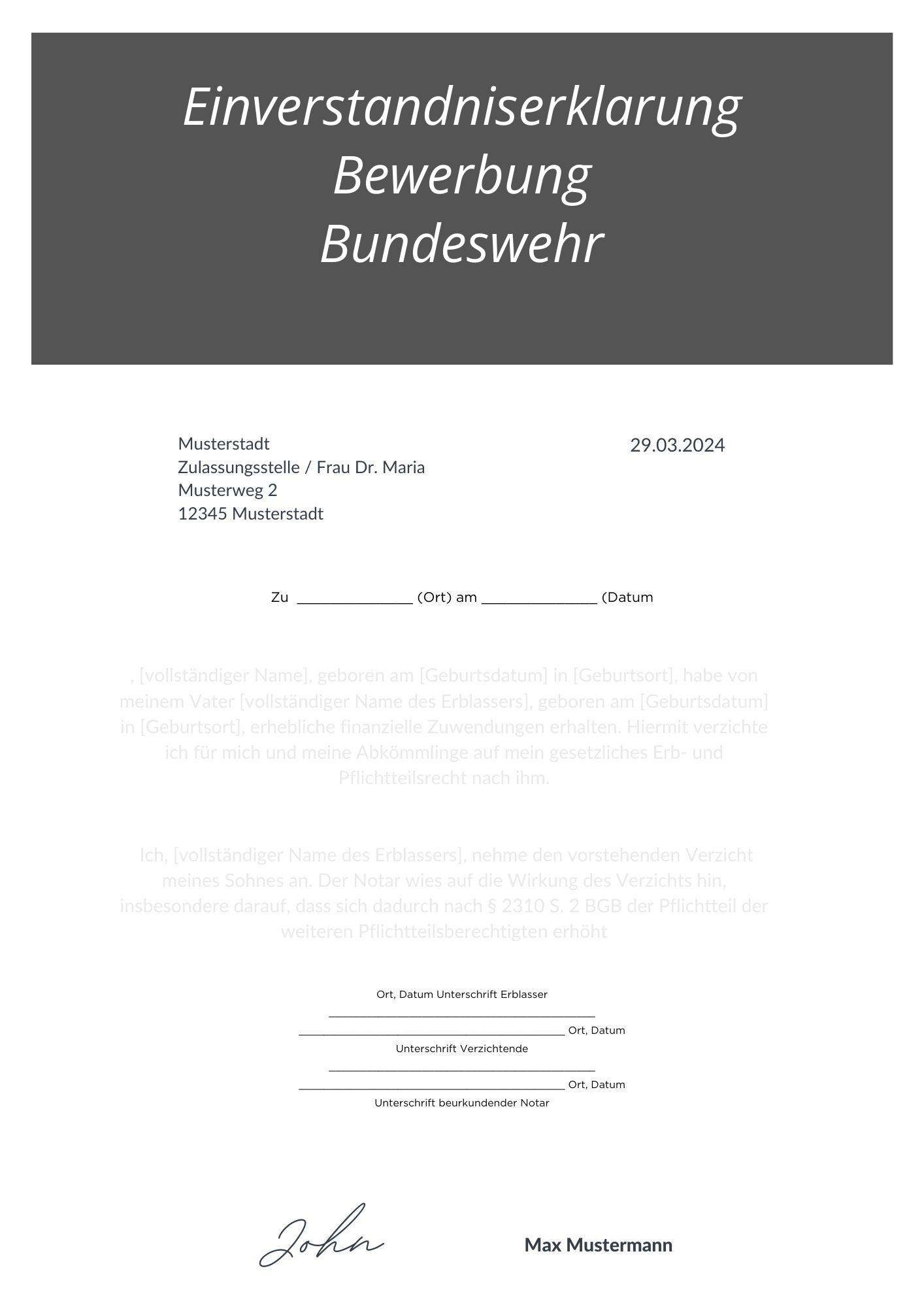 Einverständniserklärung Bewerbung Bundeswehr