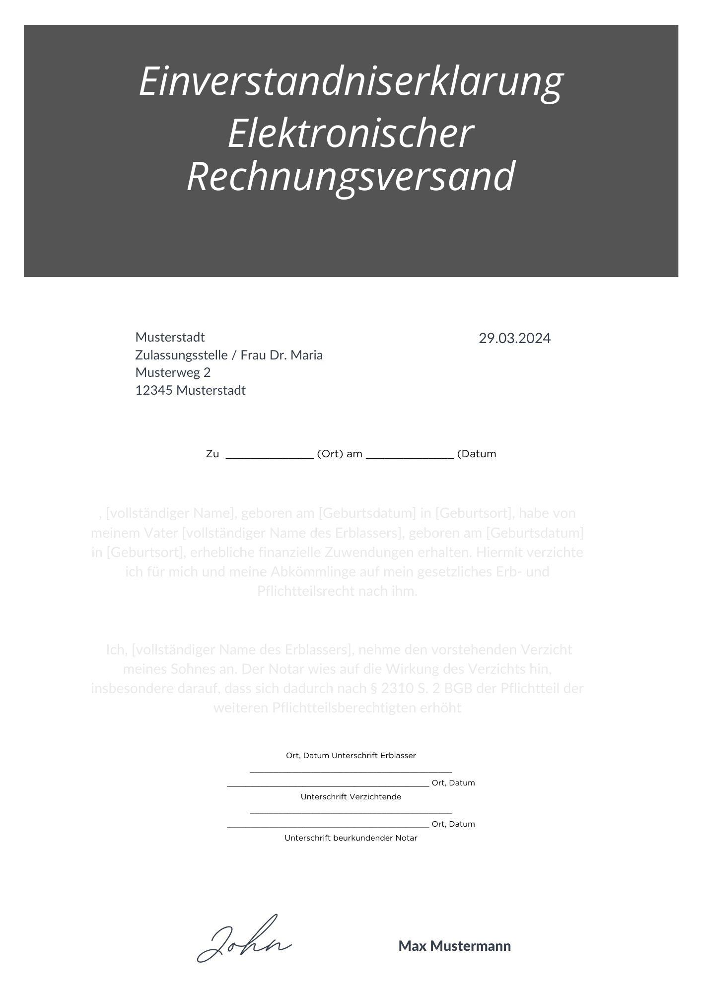 Einverständniserklärung Elektronischer Rechnungsversand