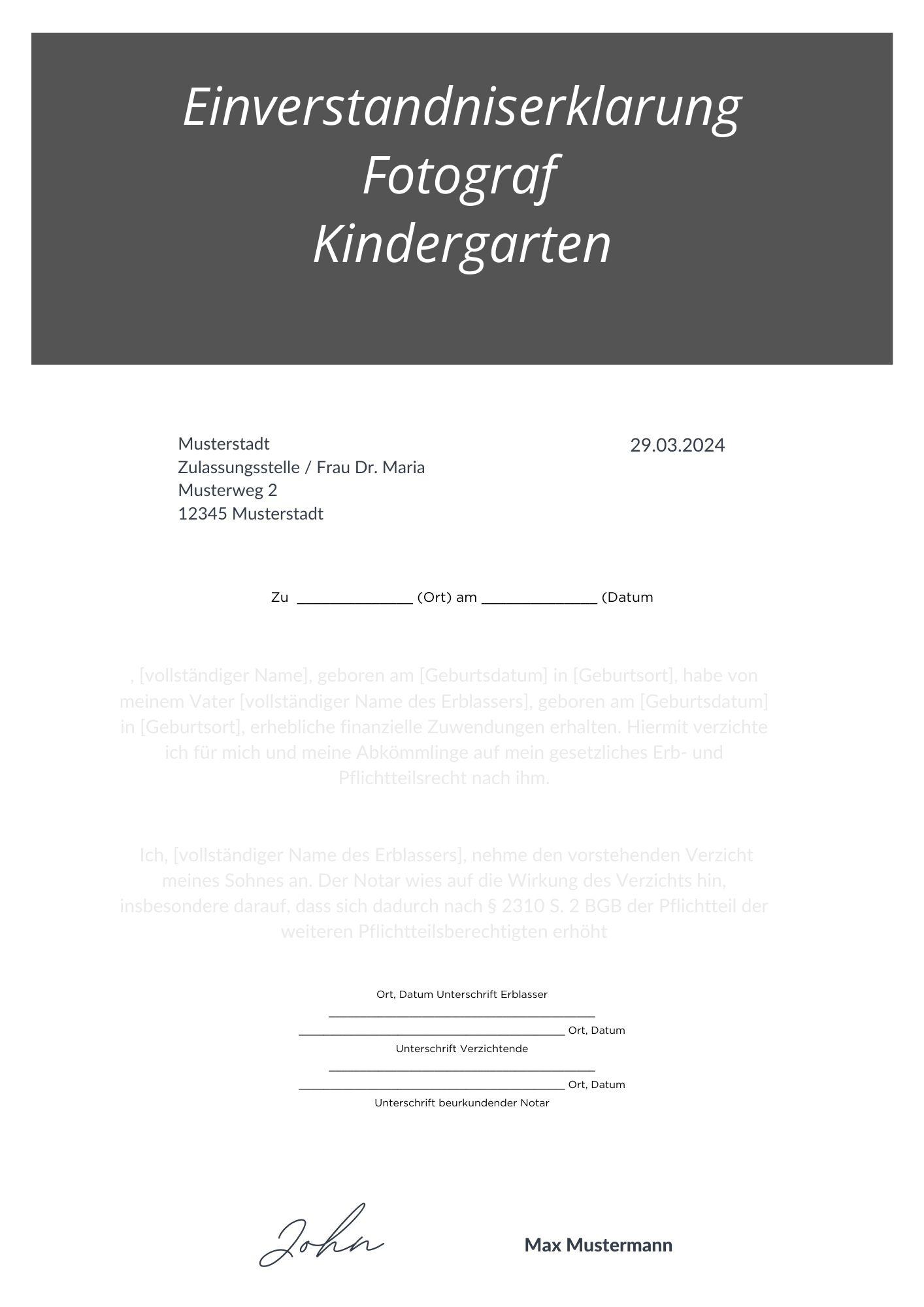 Einverständniserklärung Fotograf Kindergarten