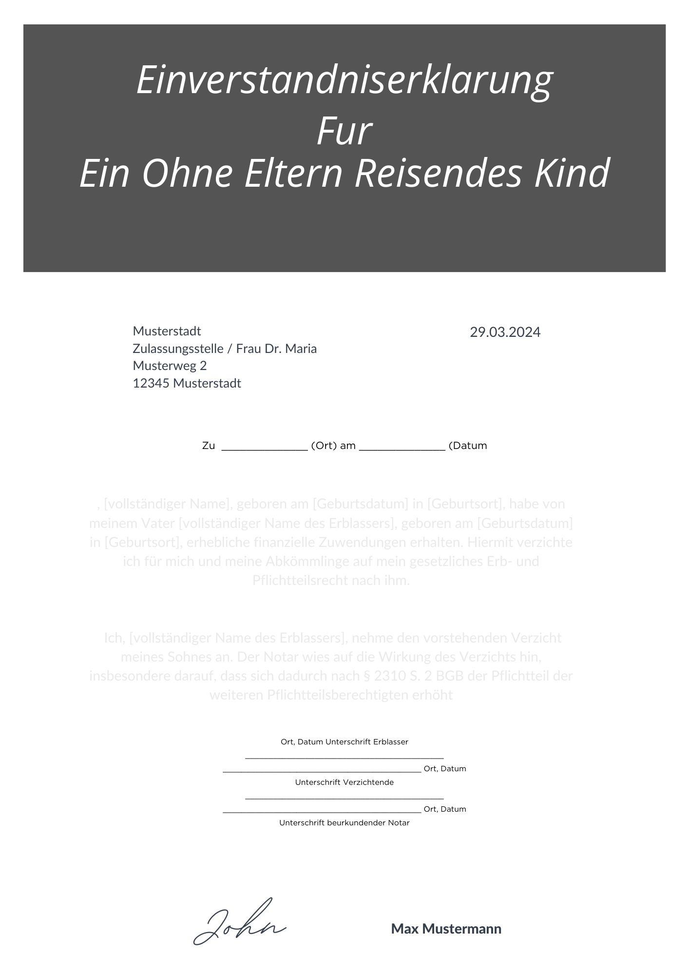 Einverständniserklärung Für Ein Ohne Eltern Reisendes Kind