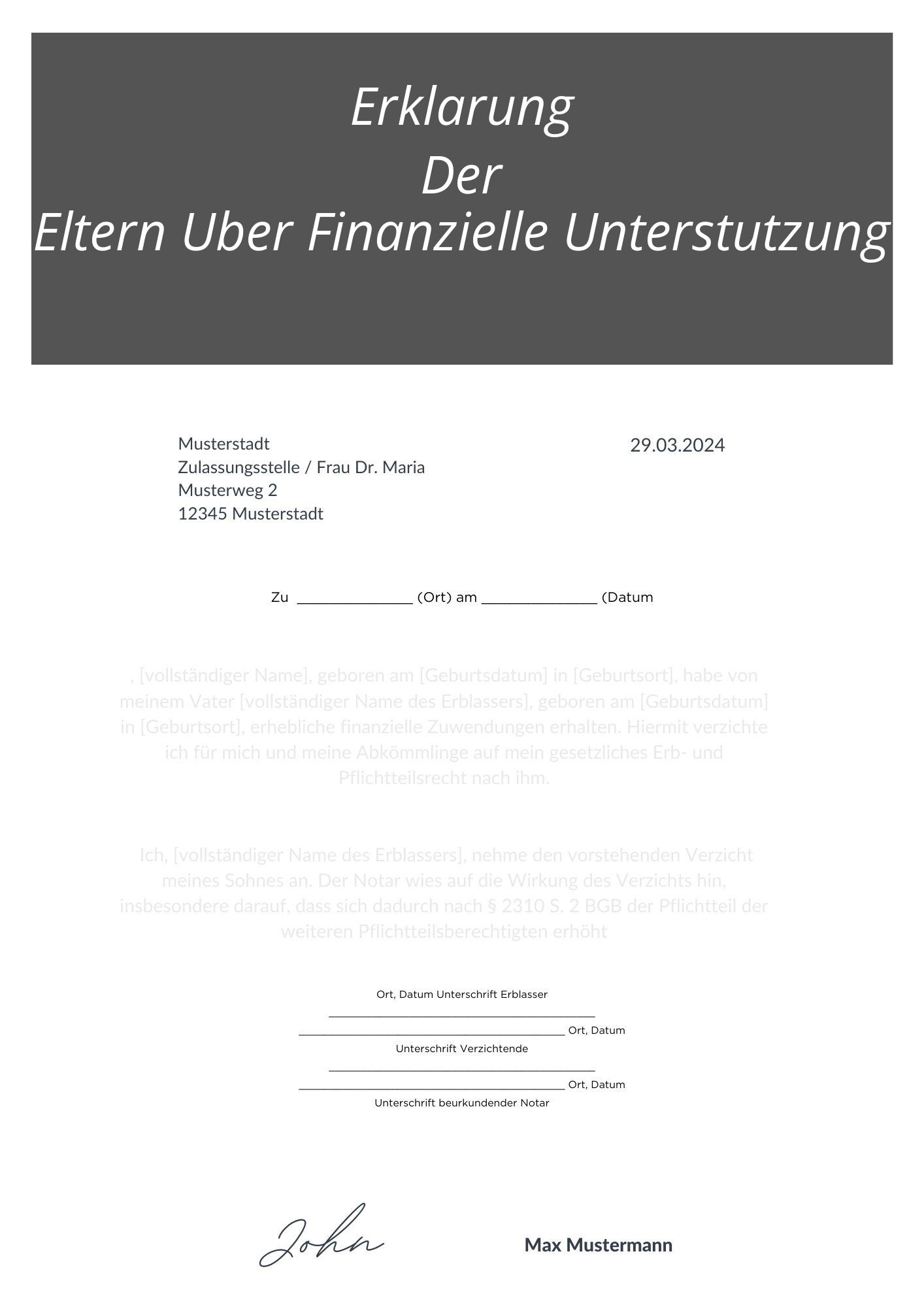 Erklärung Der Eltern Über Finanzielle Unterstützung