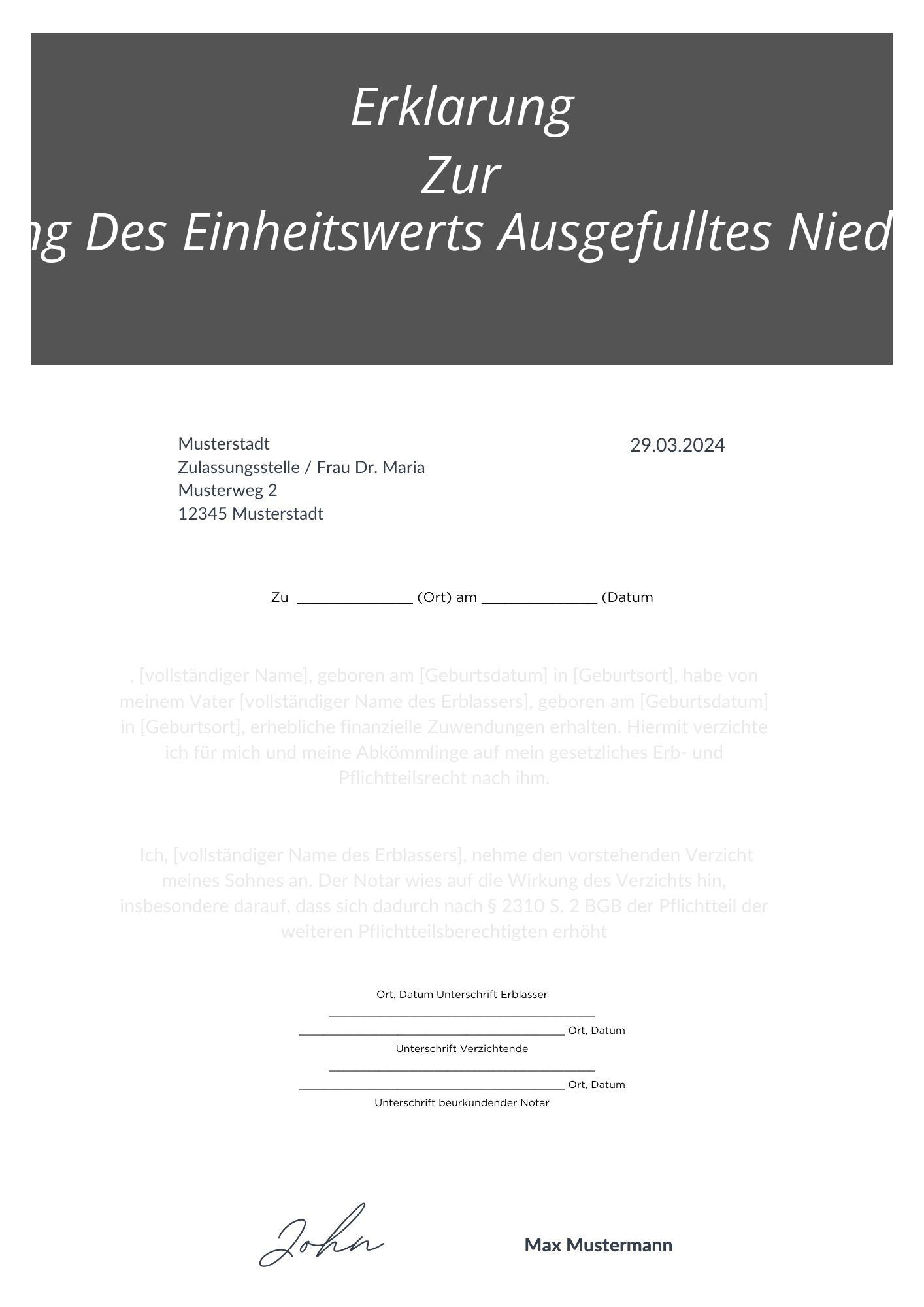 Erklärung Zur Feststellung Des Einheitswerts Ausgefülltes Niedersachsen