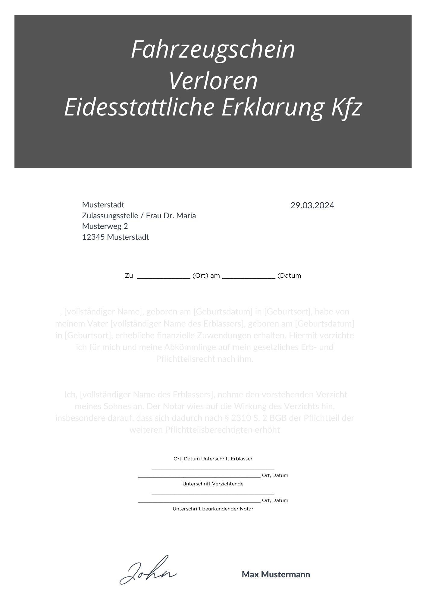 Fahrzeugschein Verloren Eidesstattliche Erklärung Kfz