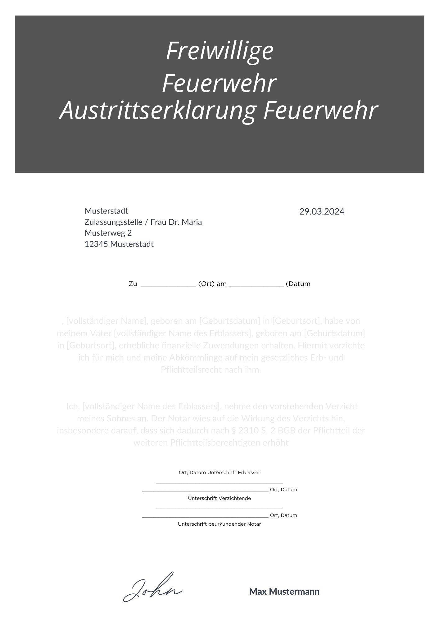 Freiwillige Feuerwehr Austrittserklärung Feuerwehr