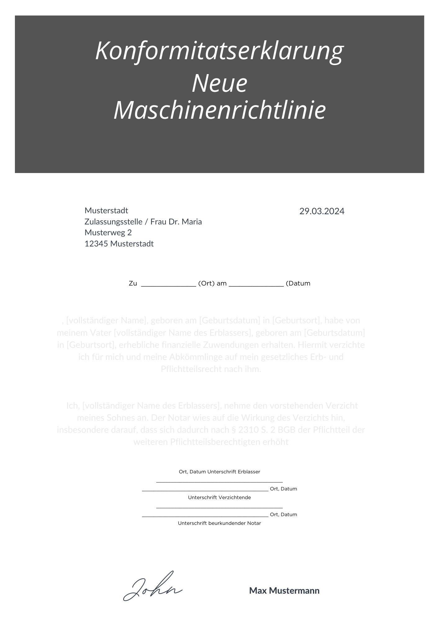 Konformitätserklärung Neue Maschinenrichtlinie