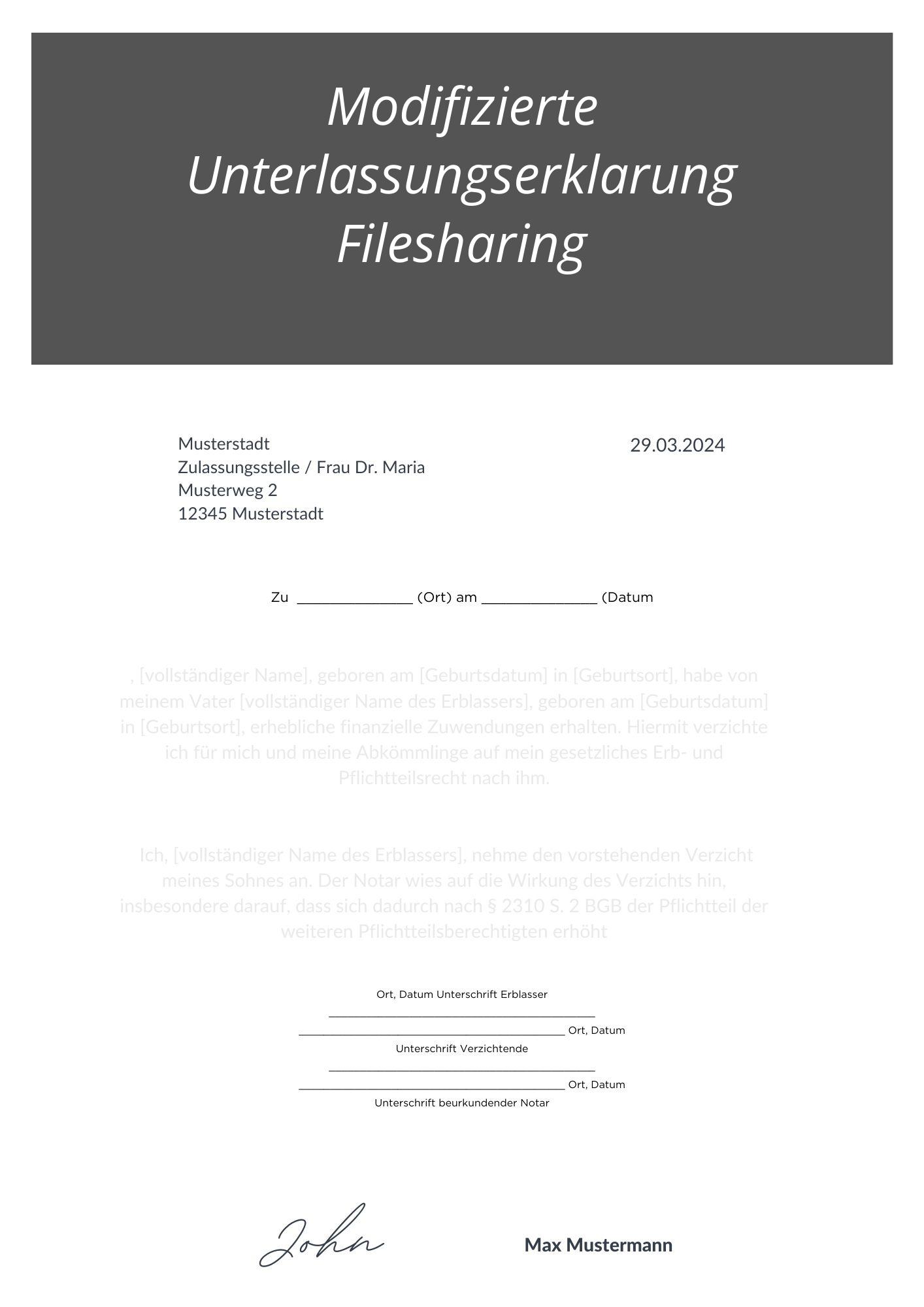 Modifizierte Unterlassungserklärung Filesharing