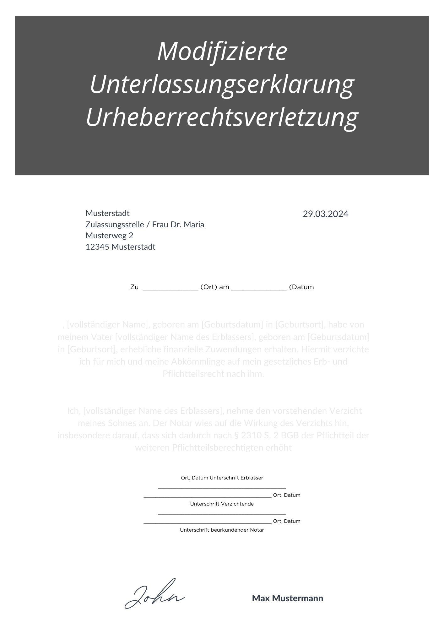 Modifizierte Unterlassungserklärung Urheberrechtsverletzung