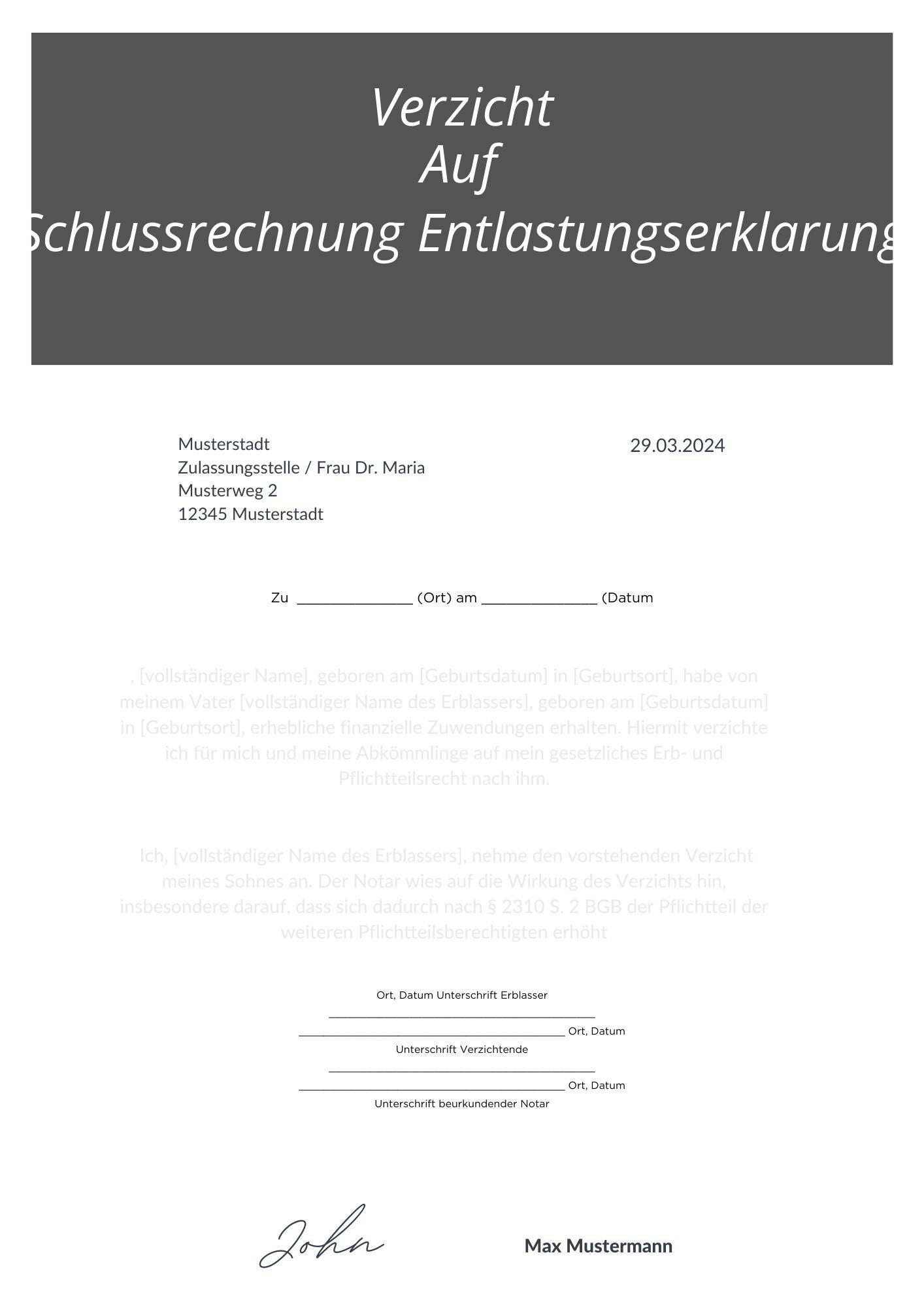 Verzicht Auf Schlussrechnung Entlastungserklärung