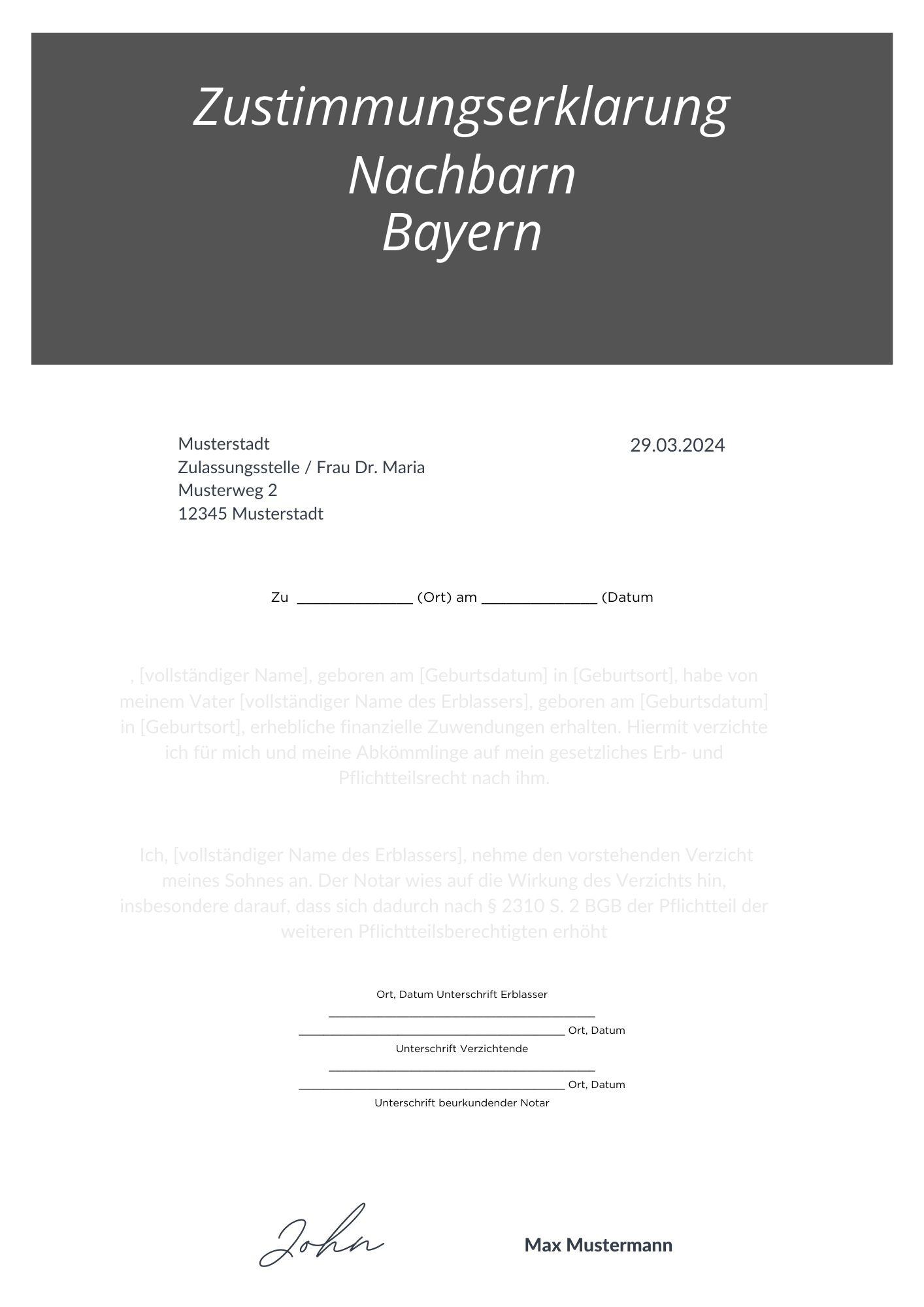 Zustimmungserklärung Nachbarn Bayern